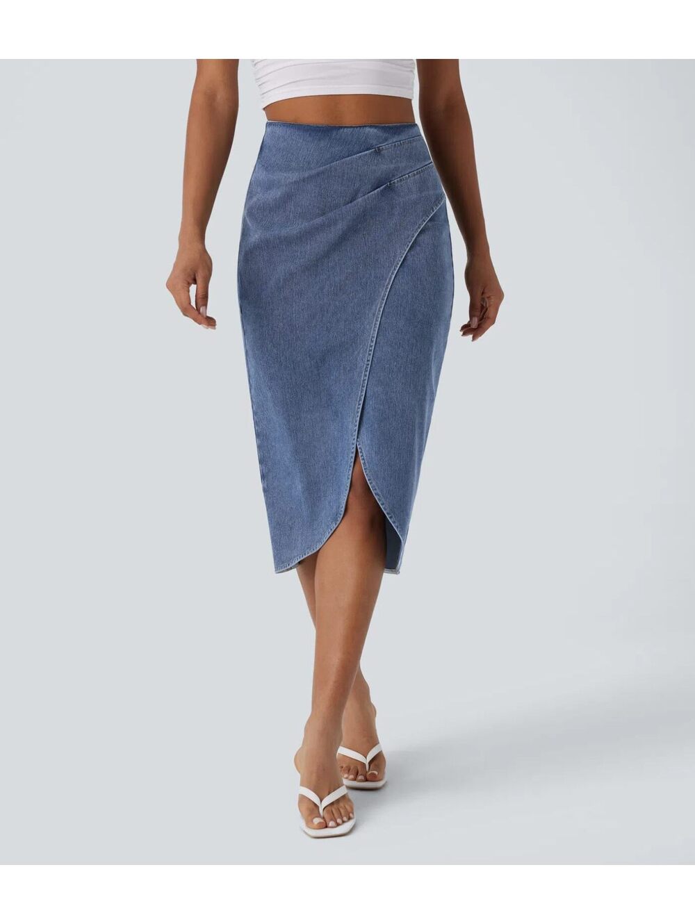 Halara Flex High Waisted Zipper Ruched Tulip Hem Midi Denim Skirt Size L Reg